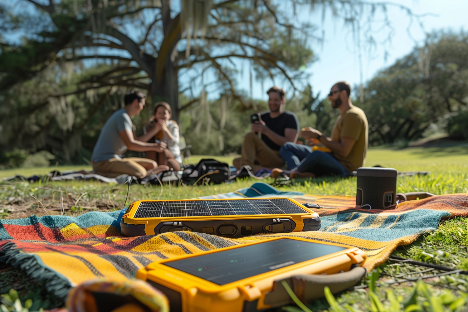 Grupo en un parque con un cargador solar